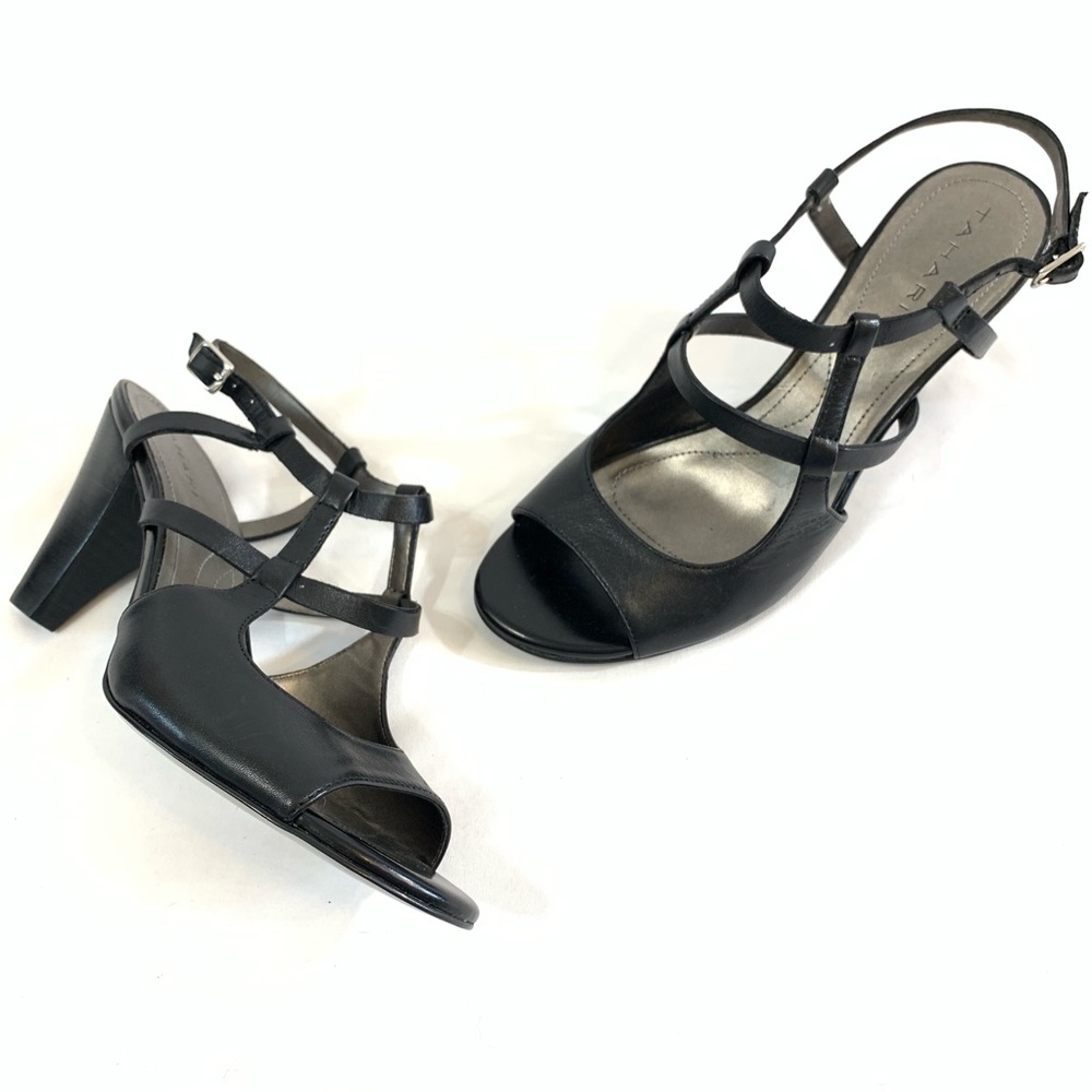 Tahari “Gemma” Heeled Black Leather Sandals